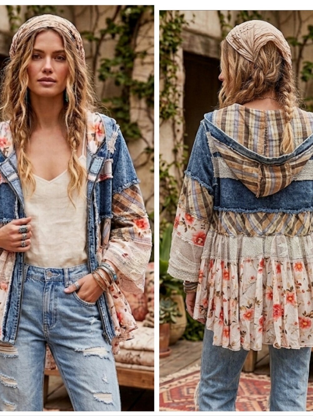 BACK IN STOCK ❣️ Boho Patchwork Denim Jacket with Floral Lace Ruffles